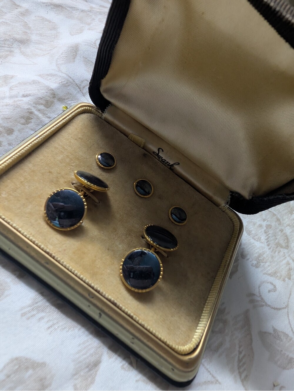 Vintage Swank Black and Gold Cufflink and Stud Set with Case